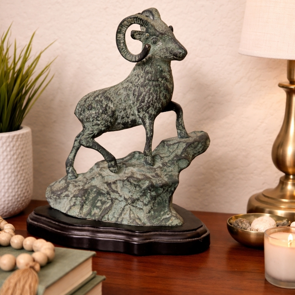 VTG Bronze Ram on Top Mountain Mixed Media Sculpture w Wooden Base 7"